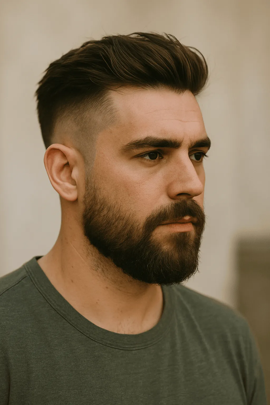 Hombre con undercut y barba definida de estilo contemporáneo.