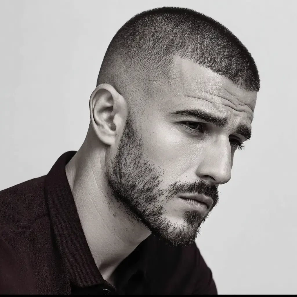 Herren-Buzz-Cut mit weichem Übergang und klaren Linien, essenzieller und zeitgemäßer Stil