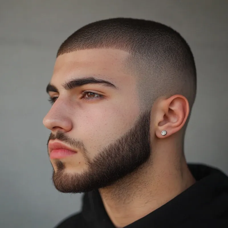 Profil eines jungen Mannes mit auf null rasiertem Haar und gut definiertem Bart
