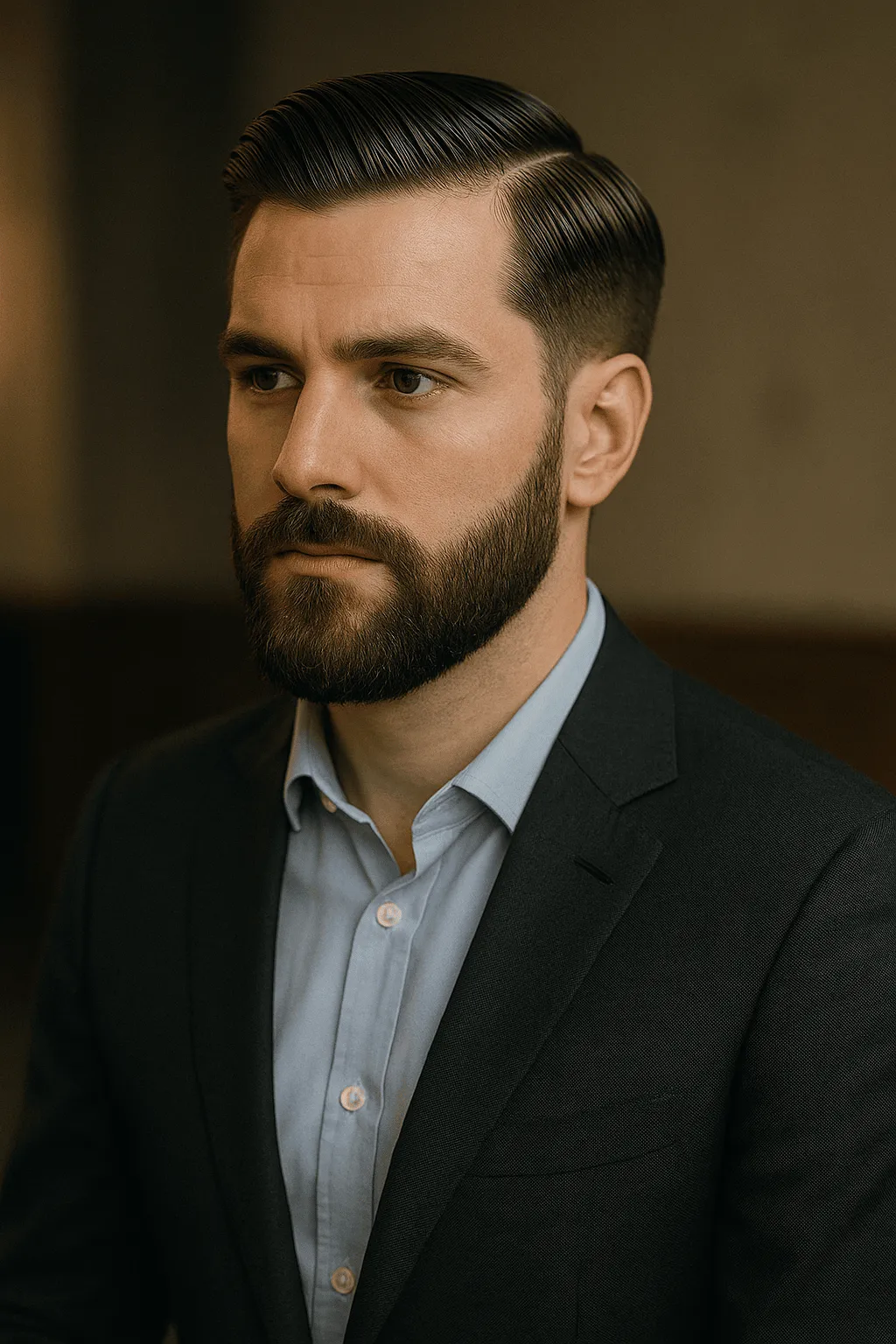 Hombre con corte de raya al lado y barba cuidada de estilo elegante.