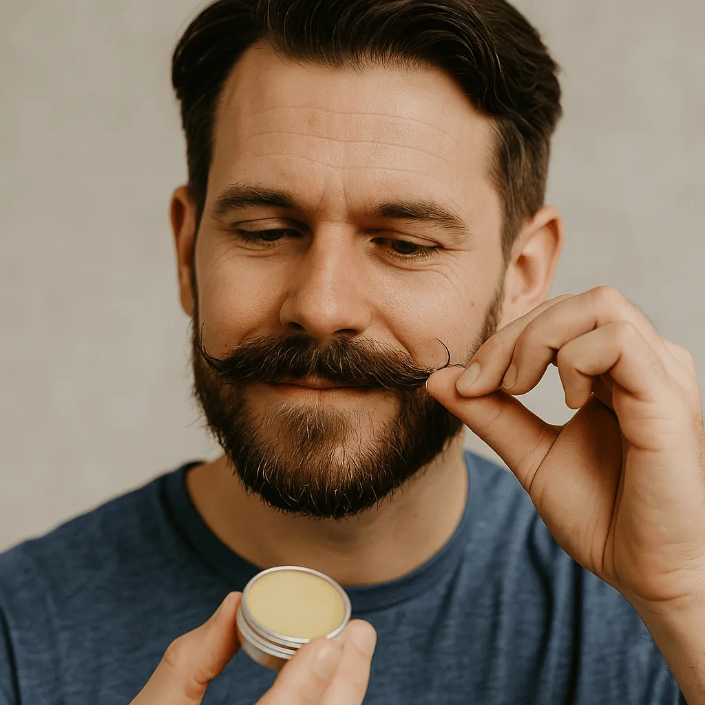 Mann mit Schnurrbart, der ihn mit Wachs in Form bringt