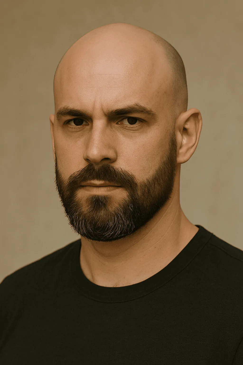Hombre con la cabeza rapada y barba completa en un look minimalista.