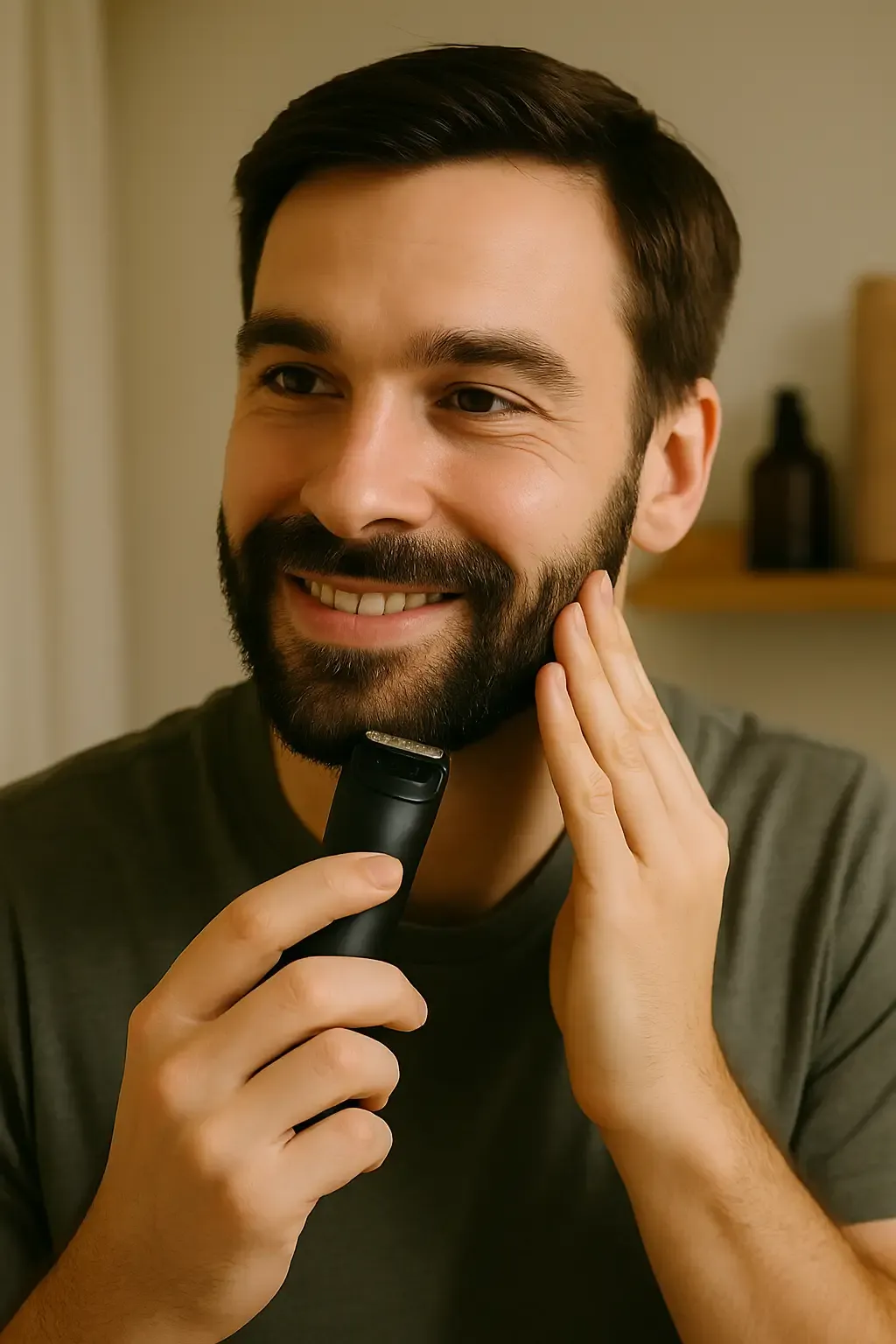 joven recortándose la barba en casa