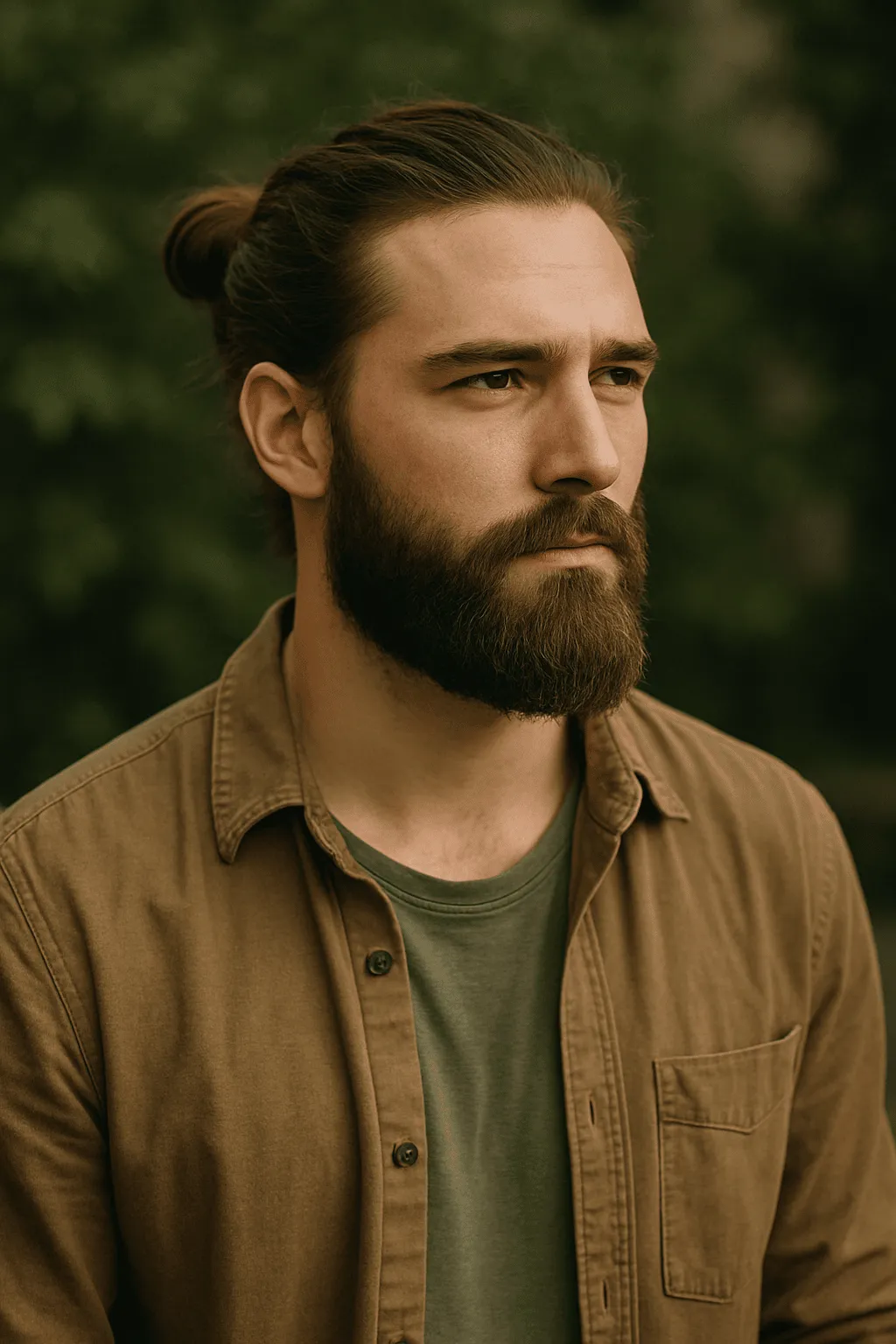 Hombre con el pelo largo recogido y una barba poblada de estilo natural.