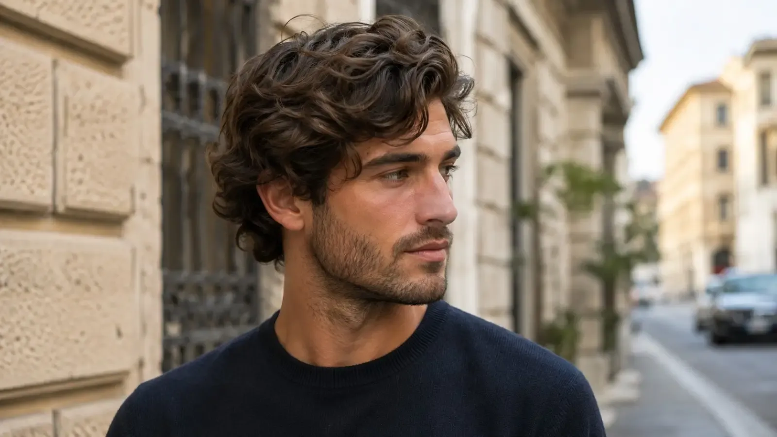 hombre con pelo ondulado natural y corte medio en una calle de la ciudad