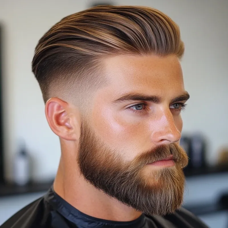Profil eines Mannes mit vollem Bart und nach hinten gekämmtem Haar in elegantem Stil