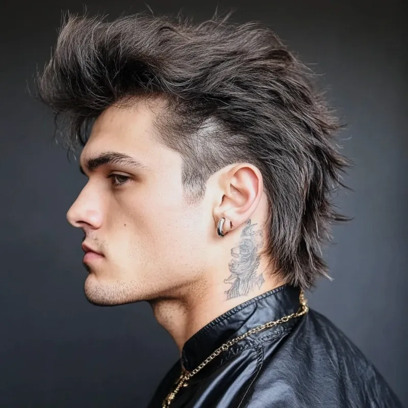 Profil eines jungen Mannes mit hinten langem und an den Seiten rasiertem Haar, mit Ohrring und Halstattoo.