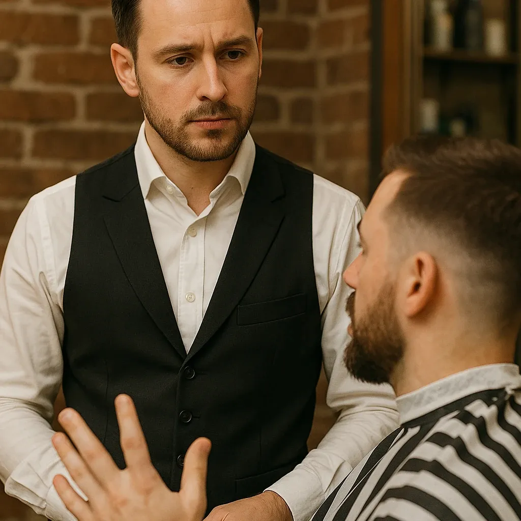 Hombre profesional con chaleco y camisa blanca conversando seriamente con otro hombre en una barbería.