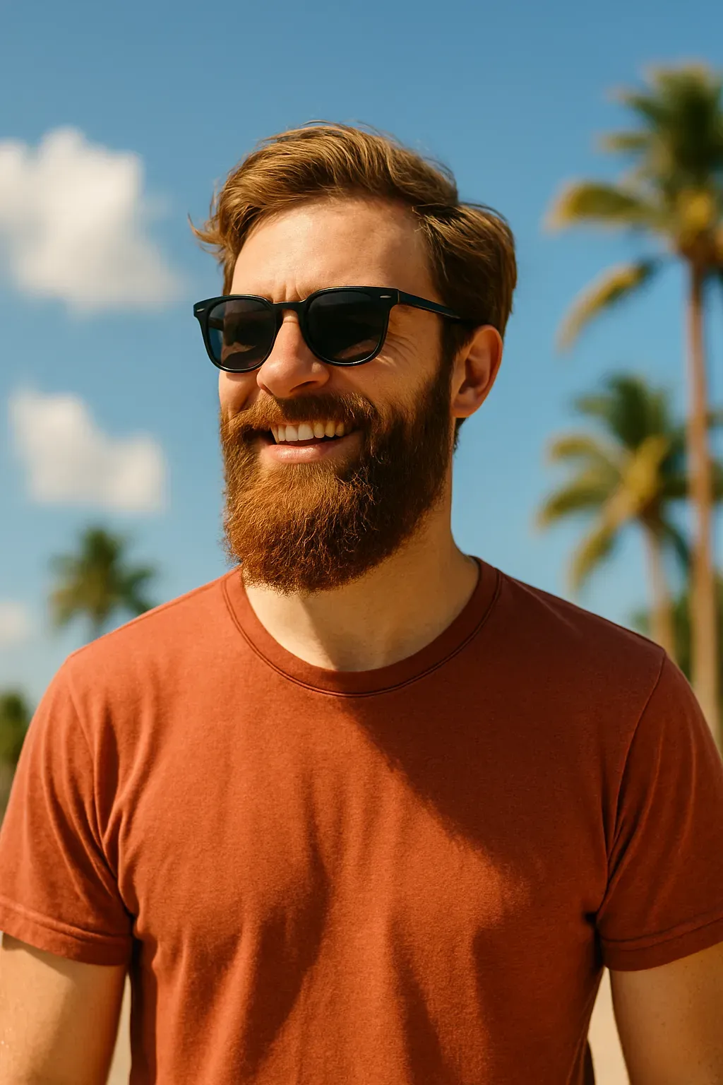 jeune homme barbu avec des lunettes de soleil au bord de la mer