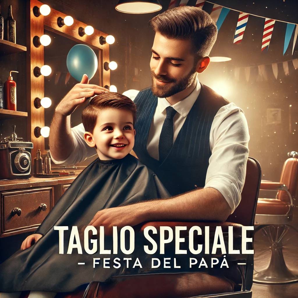 Barbier und lächelnder Junge im Stuhl, mit dem Schriftzug „Taglio speciale Festa del papà“: Vater-Kind-Haarschnitt