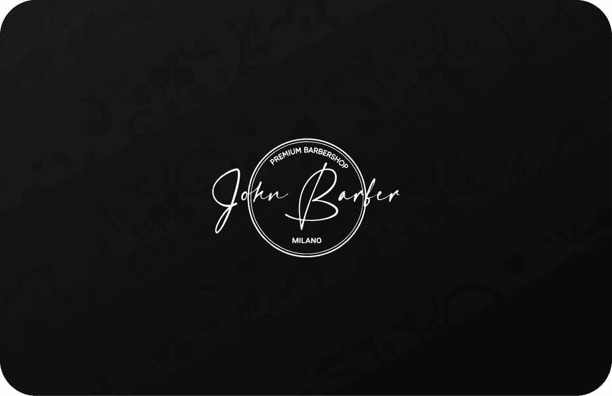 Schwarze Karte mit weißem Logo John Barber Premium Barbershop Milano: Gutschein für die Gold-Behandlung